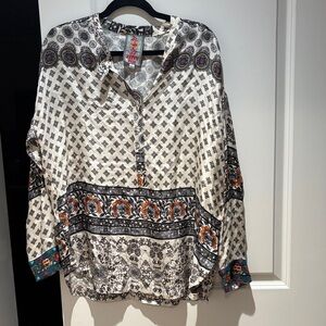 Johnny Was Black and White Patterned Blouse with Colorful Accents